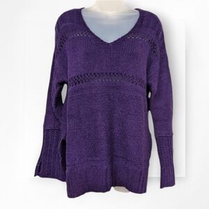 Elan Crochet Sweater NWT Plum Purple Knit Stripe V Neck Long Small